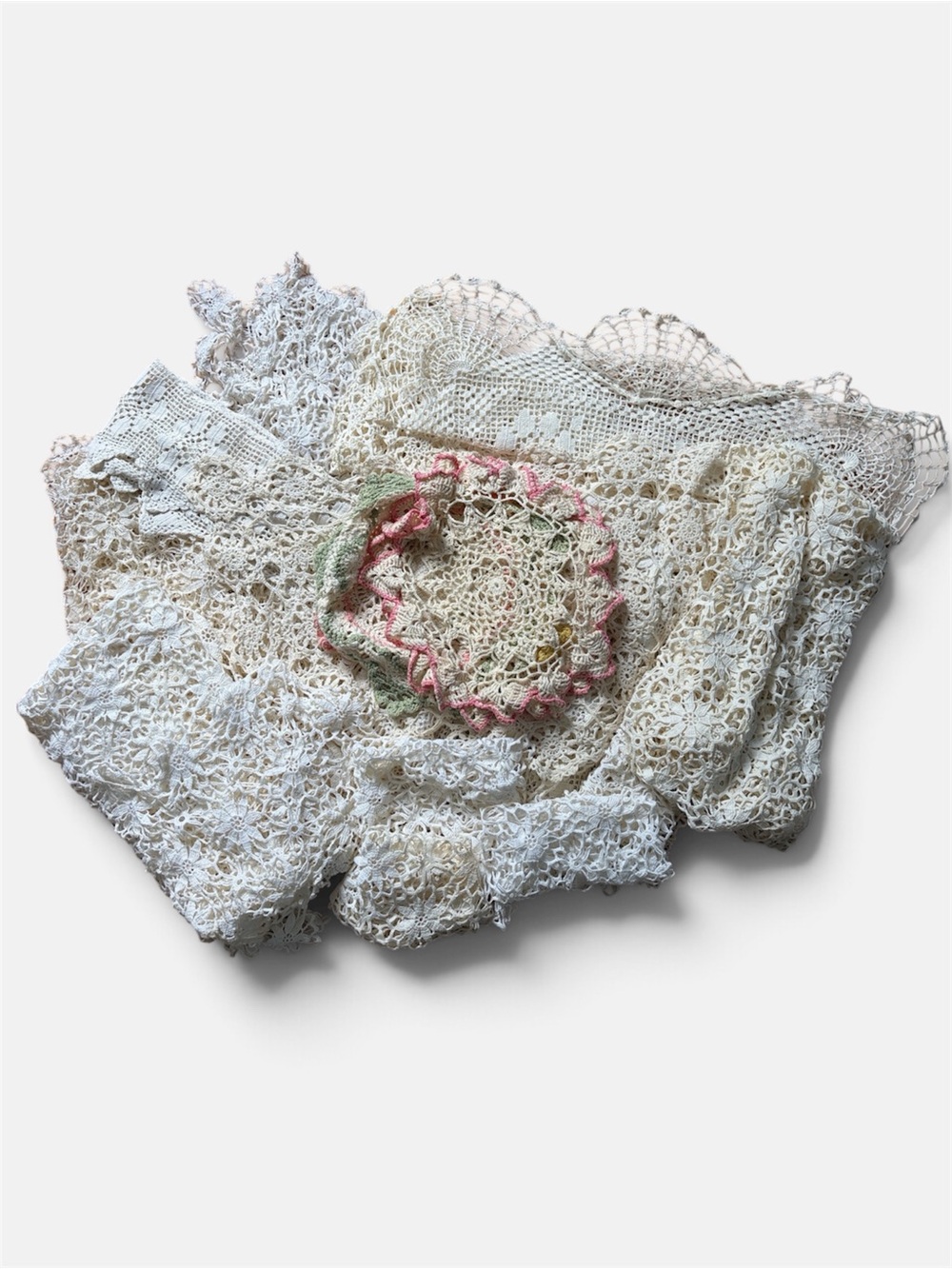 Large lot Vintage Handmade Crochet Doilies & Lace Set in Cream, whites and pink